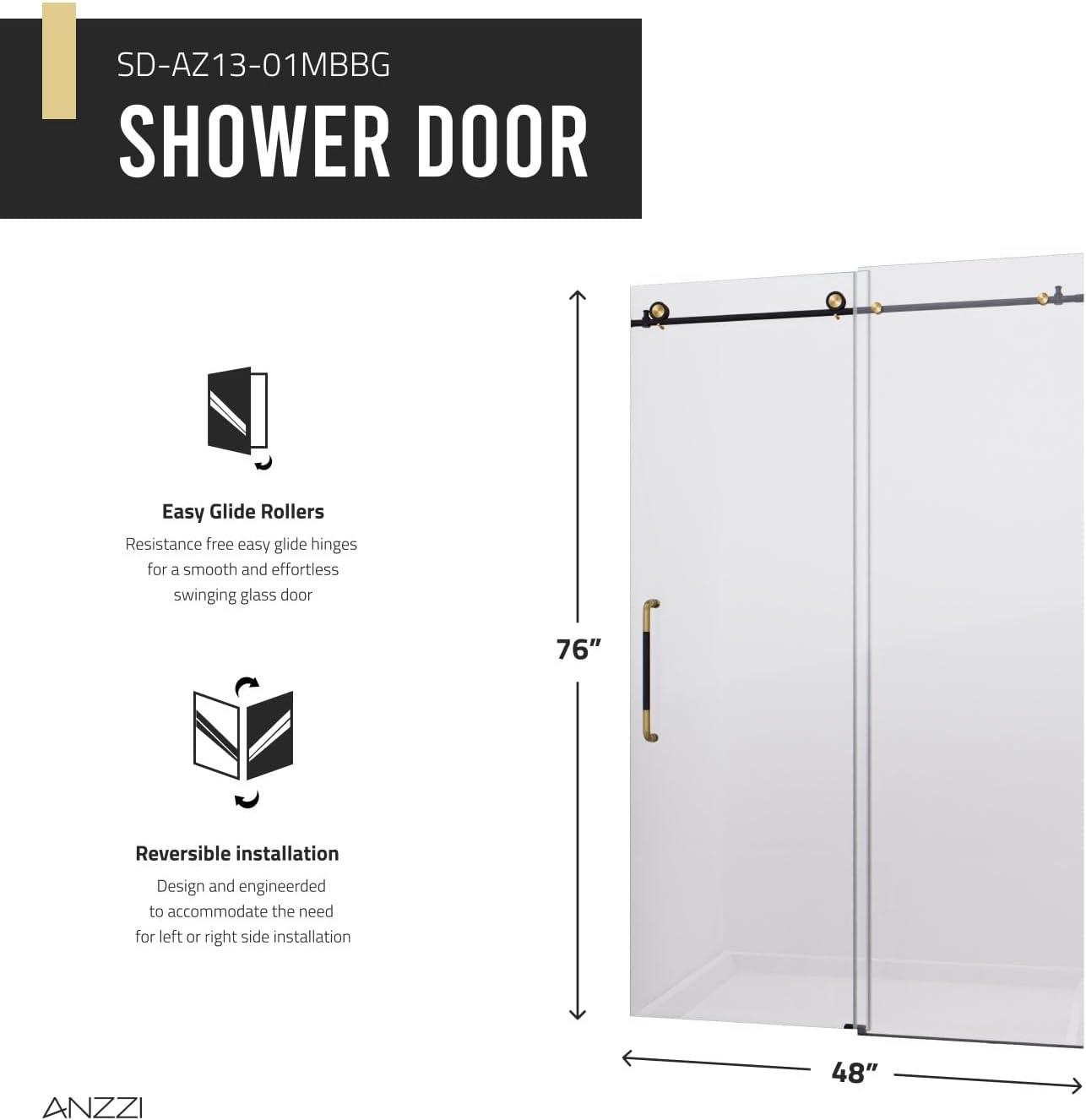 Swcorp  76 x 48 in. Madam Series Frameless Sliding Shower Door in Matte Black & Brushed Gold