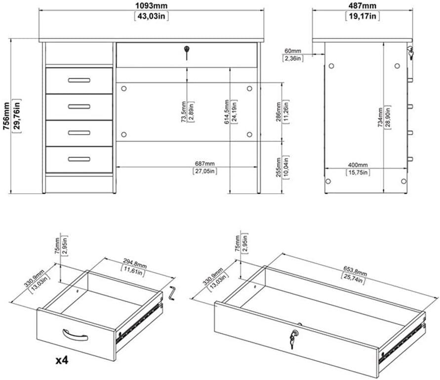 Tvilum Walden 5 Drawer Office Desk with 1 Locking Drawer for Adults, Oak Finish