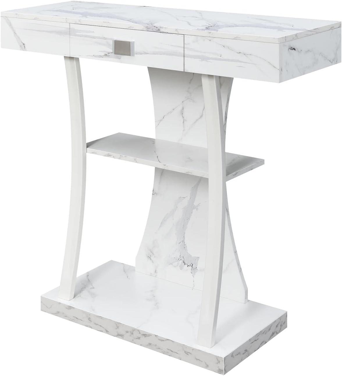 Convenience Concepts Newport 1 Drawer Harri Console Table with Shelves, White Faux Marble/White