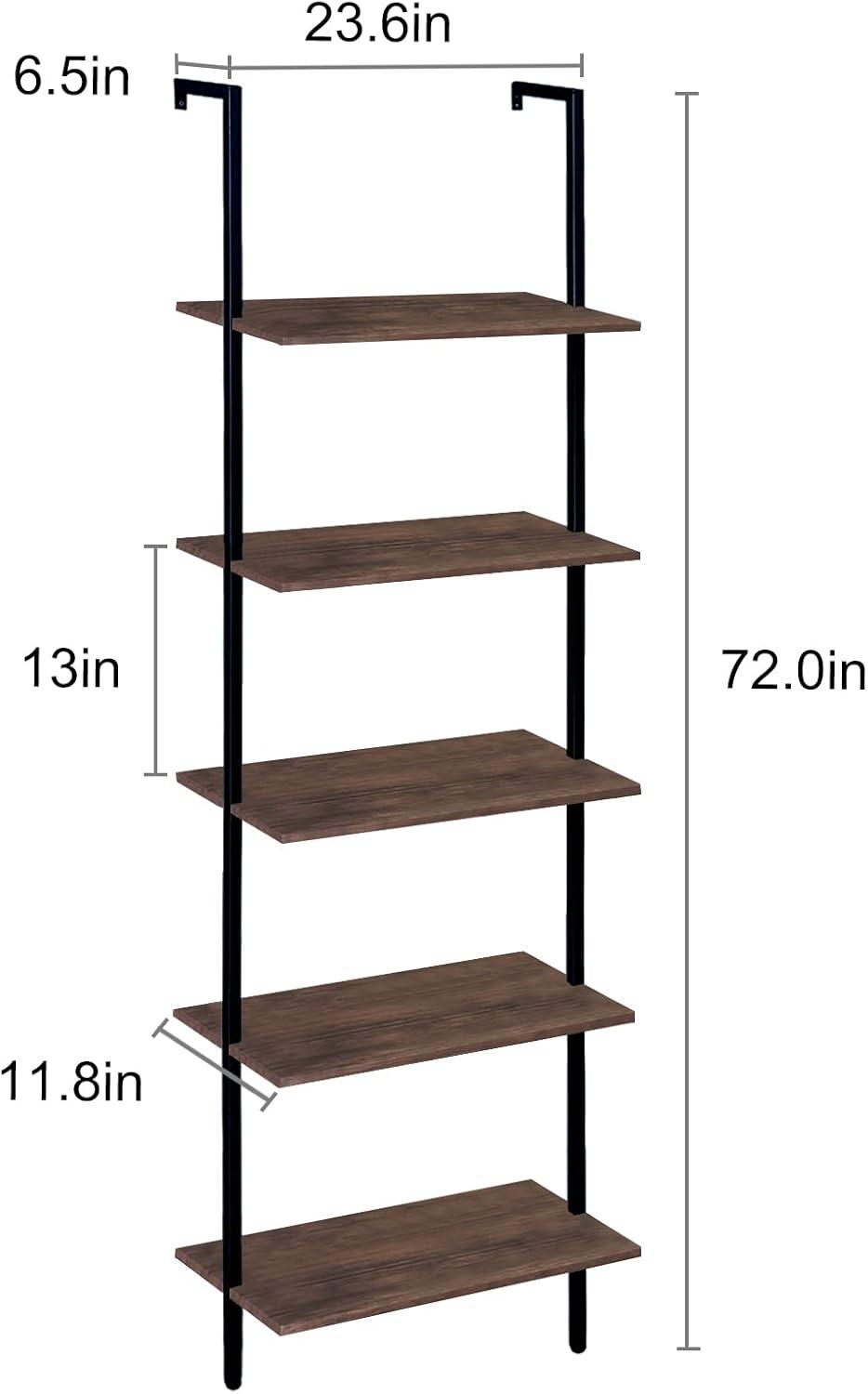 5-Tier Brown and Black Wall-Mounted Ladder Shelf