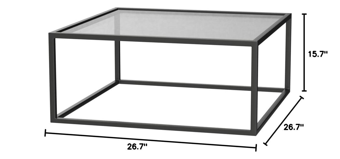 SAYGOER Black Glass Coffee Table Small Modern Coffee Tables 26.7in Square Tempered Glass-Top Accent Center Table for Living Room Home Office with Black Metal Frame Easy Assembly