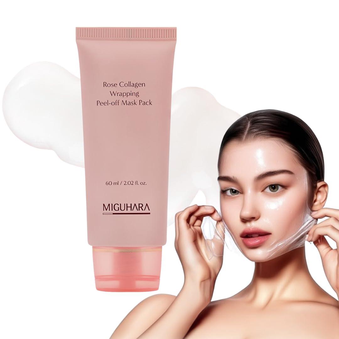 Rose Collagen Wrapping Peel-Off Mask Pack, Facial Mask with Damask Rose Water, Hydrolyzed Collagen & Botanical Fruit Extracts for Hydrated, Glowing Look & Korean Glass Skin (60ml/2.02 fl.oz.) (Pink)