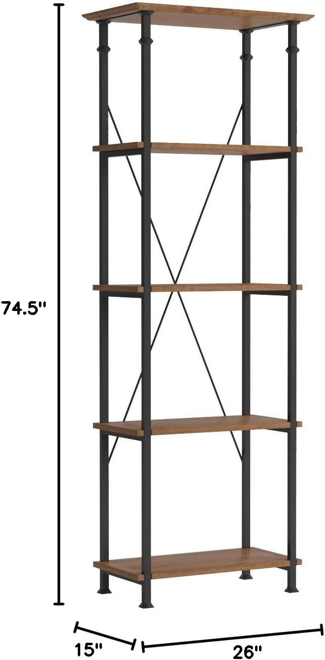 Weston Home Clayton 5 Shelf Narrow Wood and Metal Bookcase, Brown