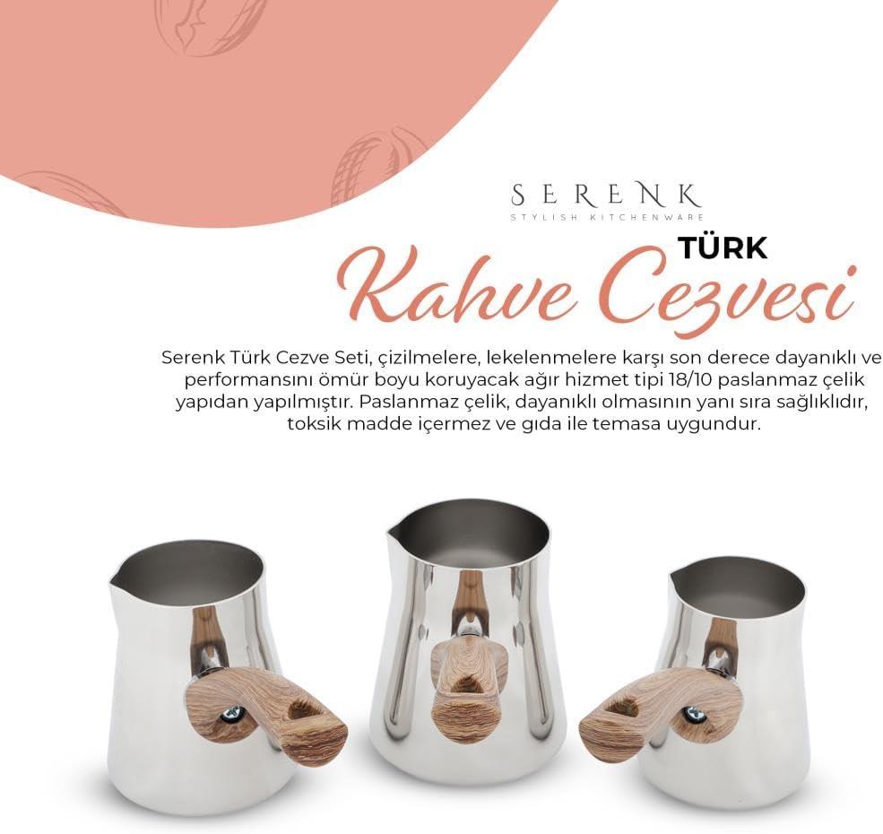 Serenk Turkish Coffee Pot Set, 4-Piece Stainless Steel w/Stand, 2-4 Cup Sizes, 18/10 Steel, Gas Stove Compatible