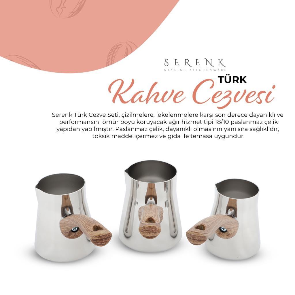Serenk Turkish Coffee Pot Set, 4-Piece Stainless Steel w/Stand, 2-4 Cup Sizes, 18/10 Steel, Gas Stove Compatible