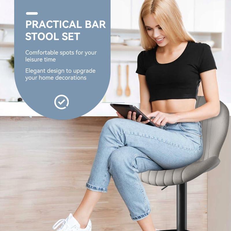 FLYSKY Bar Stools Set of 2 -Faux PU Leather Bar Chairs with Back, Adjustable Swivel Bar Stool, Light Gray