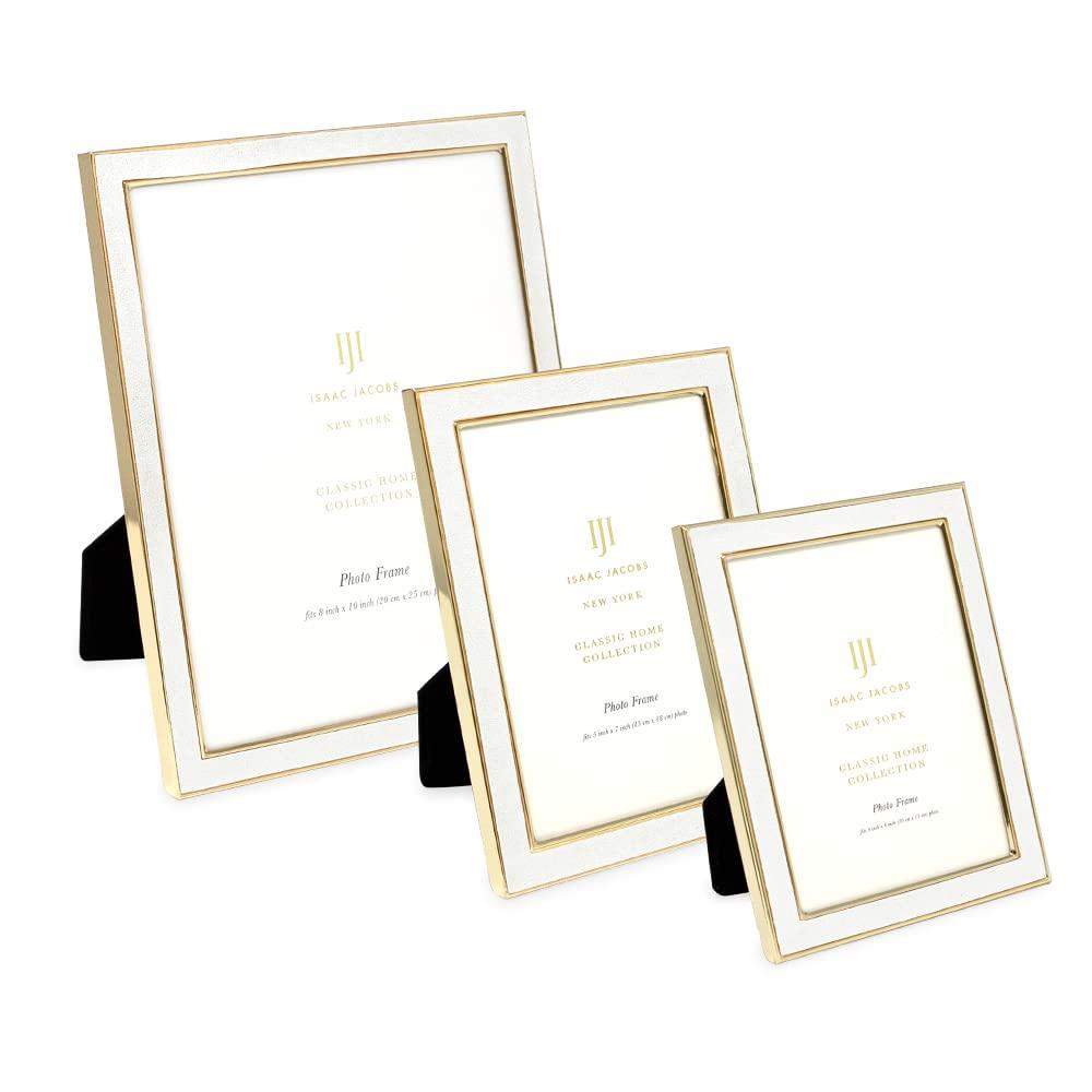 Isaac Jacobs 8x10 White Leather with Gold Metal Vertical & Horizontal Picture Frame, Suede Border w/ Black Fabric Easel, Wall-Mountable, Made For Tabletop, Photo Gallery 8x10, White W/ Gold