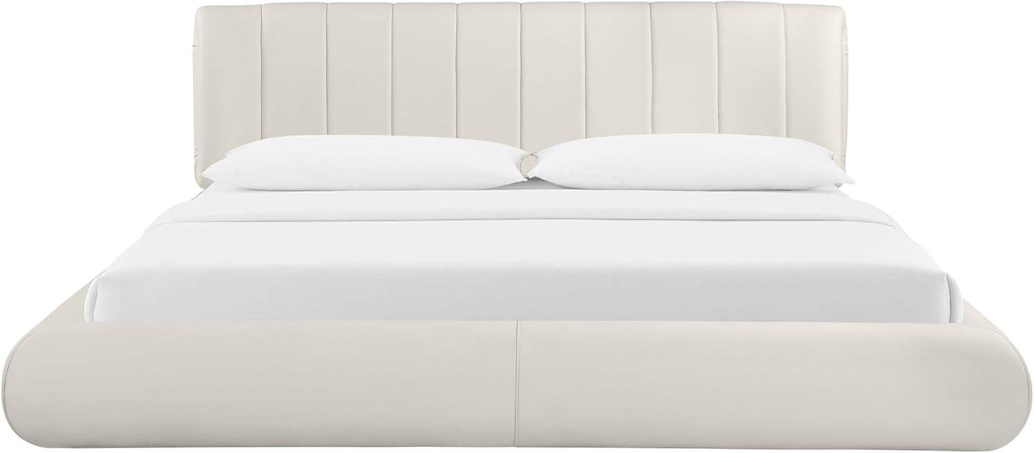 Karol Cream Faux Leather King Platform Bed with Upholstered Headboard