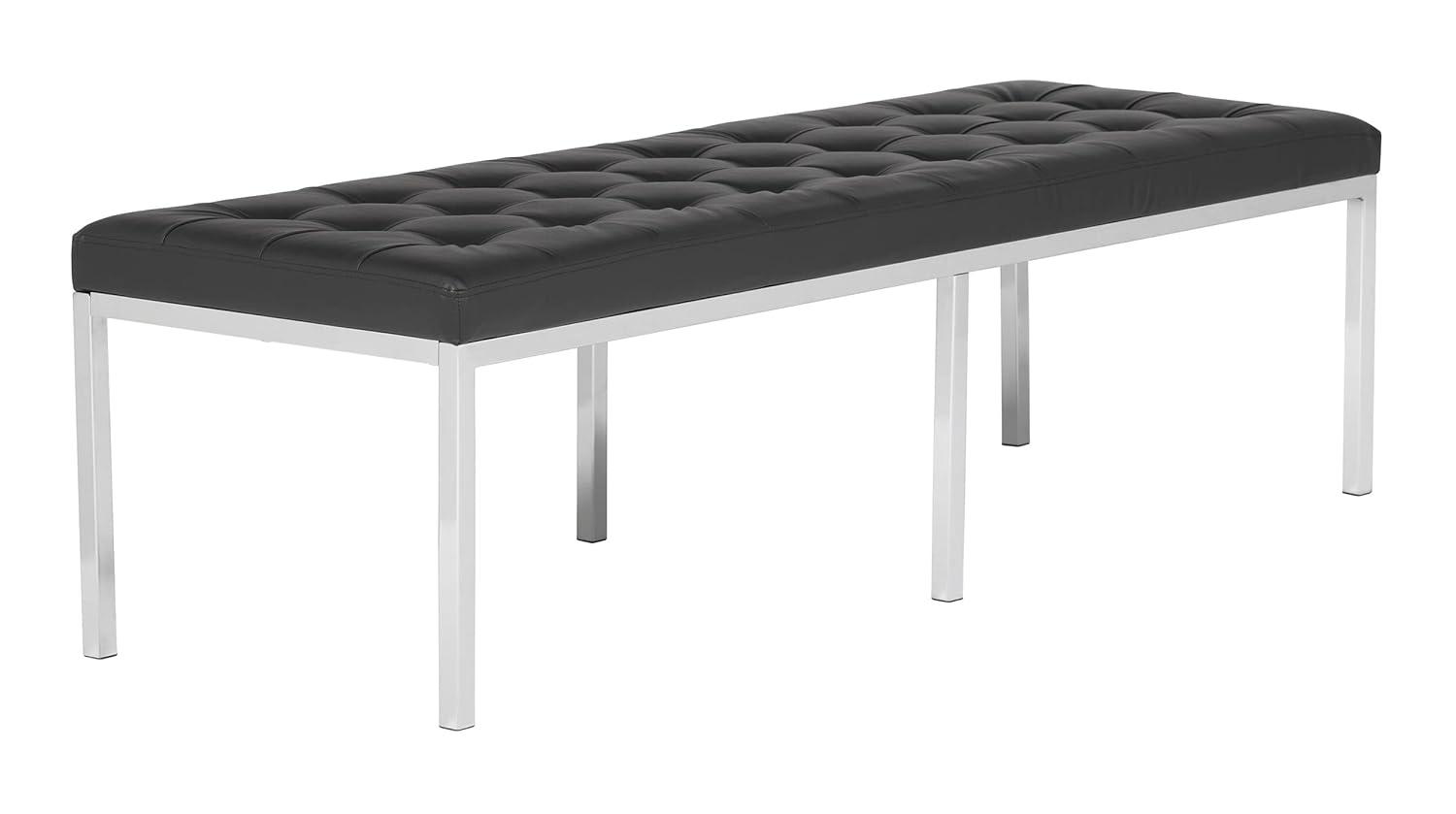 Lintel 60'' Ebony Bonded Leather Tufted Bench with Chrome Finish