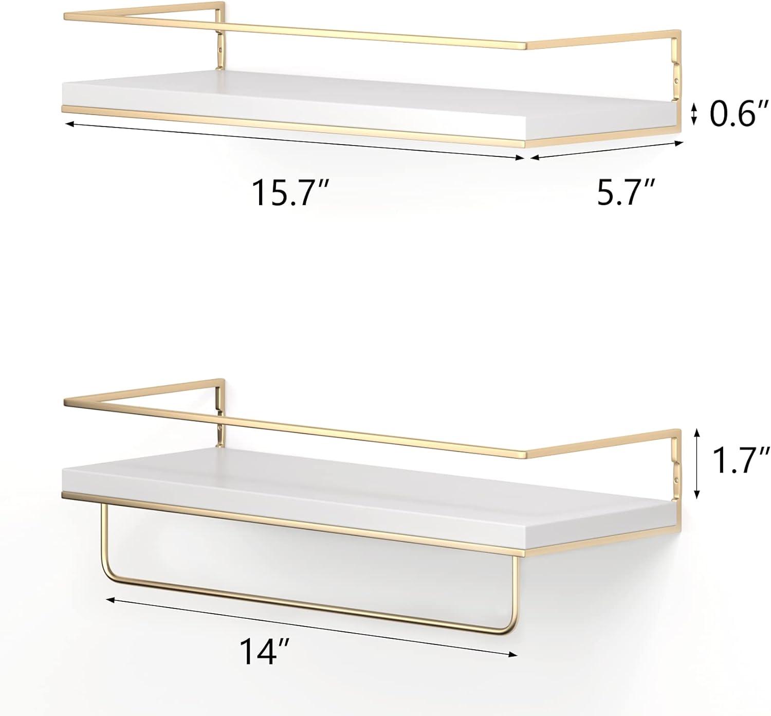 White and Gold Floating Shelves with Towel Rack, Set of 2