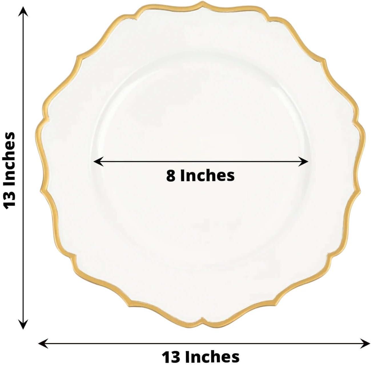 Efavormart 6 Pack | White & Gold 13" Round Scallop Rim Plastic Charger Plates, Tabletop Dinnerware Decor