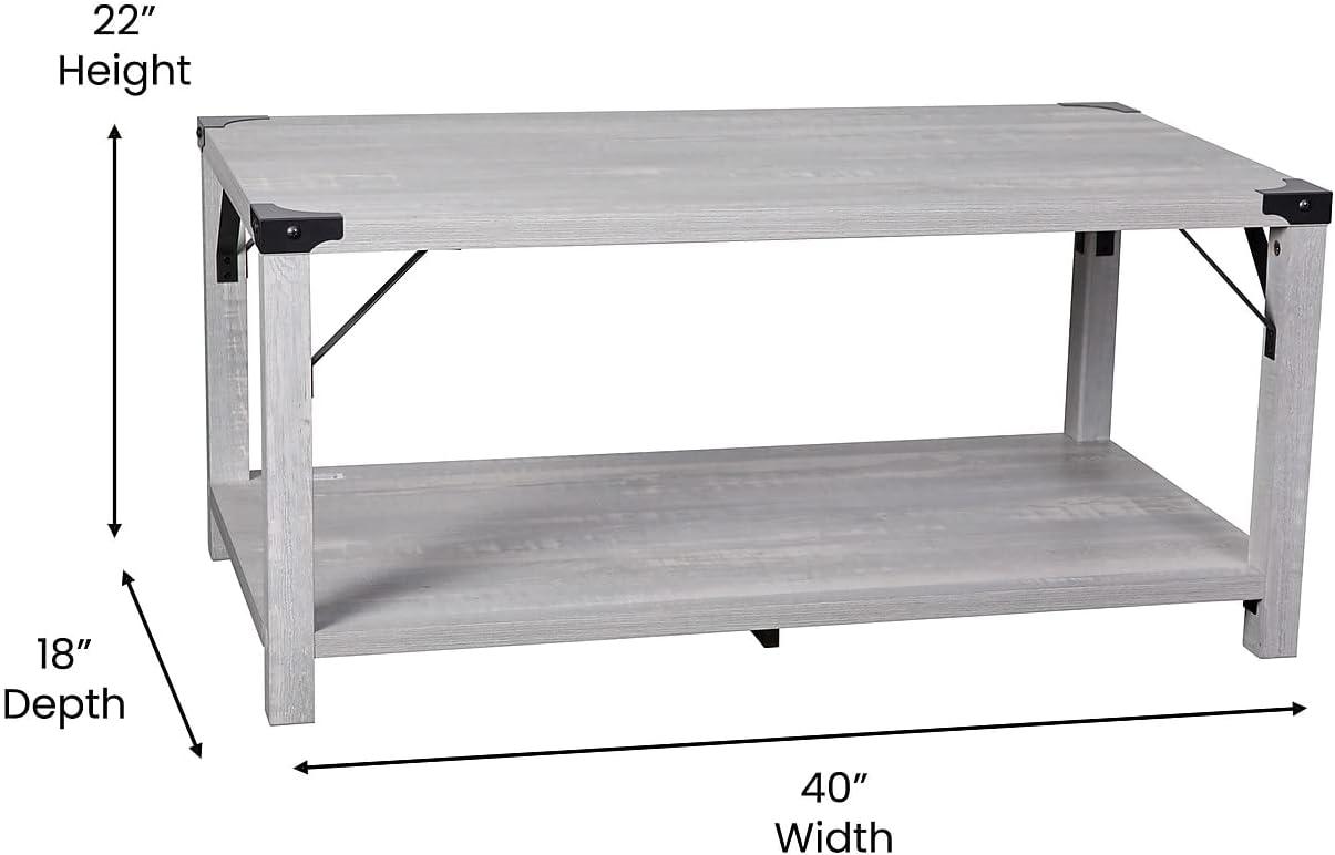 Flash Furniture Wyatt Modern Farmhouse Wooden 2 Tier Coffee Table with Metal Corner Accents and Cross Bracing