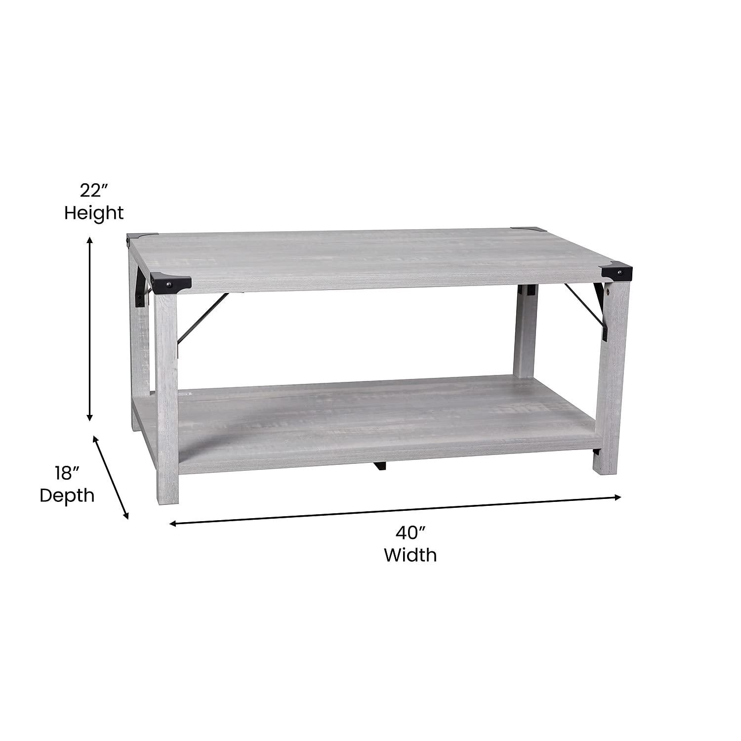 Flash Furniture Wyatt Modern Farmhouse Wooden 2 Tier Coffee Table with Black Metal Corner Accents and Cross Bracing, Aspen Gray