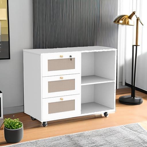 AWQM Wood Filing Cabinet with Lock,3 Drawers Office Storage Cabinet Printer Stand with Open Storage Shelves,Rattan Mobile File Cabinet for Home Office,White