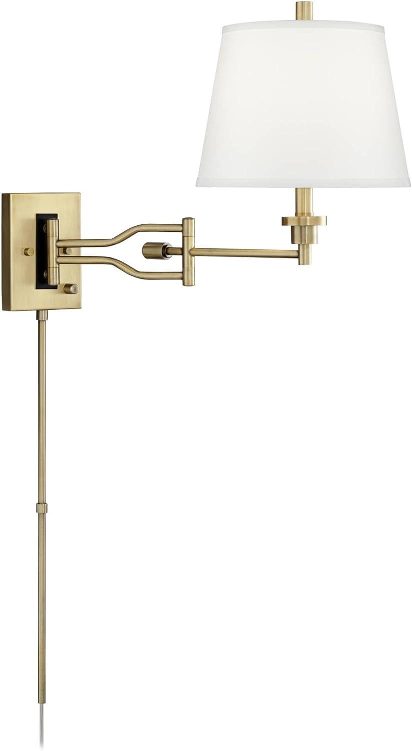 Barnes and Ivy Eleganta Vintage Swing Arm Wall Lamps Set of 2 Brushed Satin Brass Plug-In Light Fixture White Linen for Bedroom