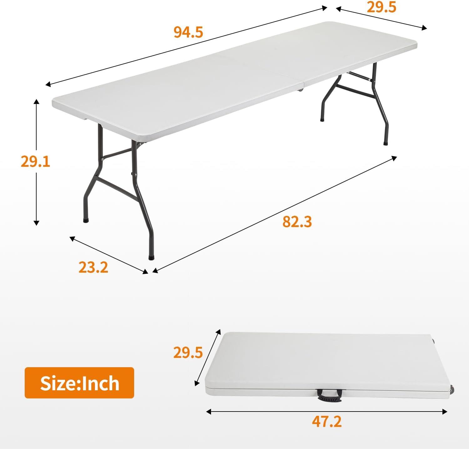 8ft Folding Table Portable Picnic Table, Lightweigh Folding Plastic Table with Handle and Steel Legs Utility Table Dining Lock for Work,Picnic,Party,Camping,White