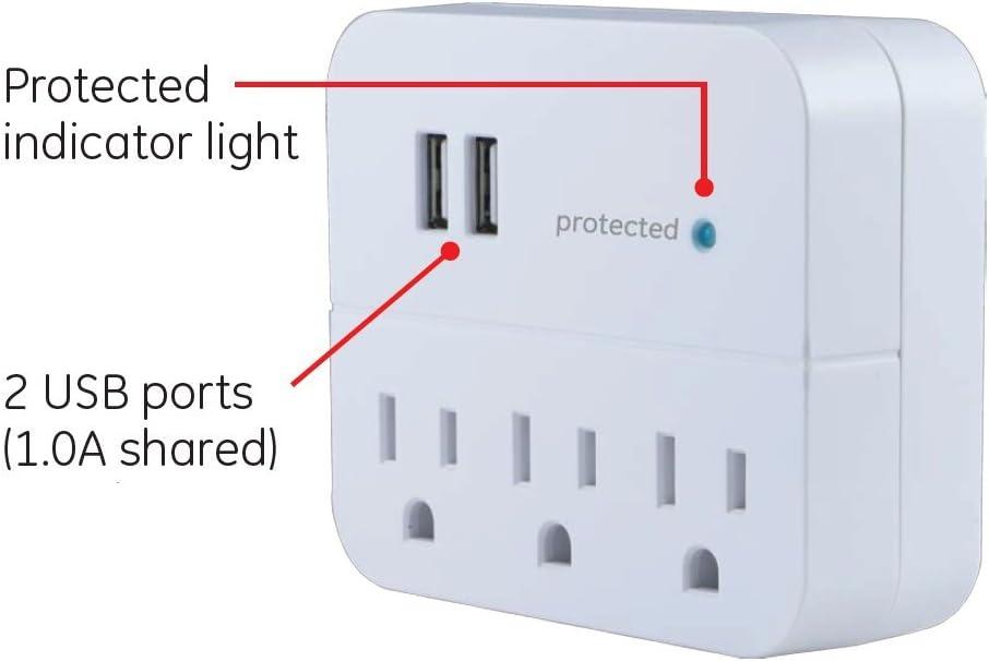 GE 3-Outlet Surge Protector Tap with USB Charging, White - 14512