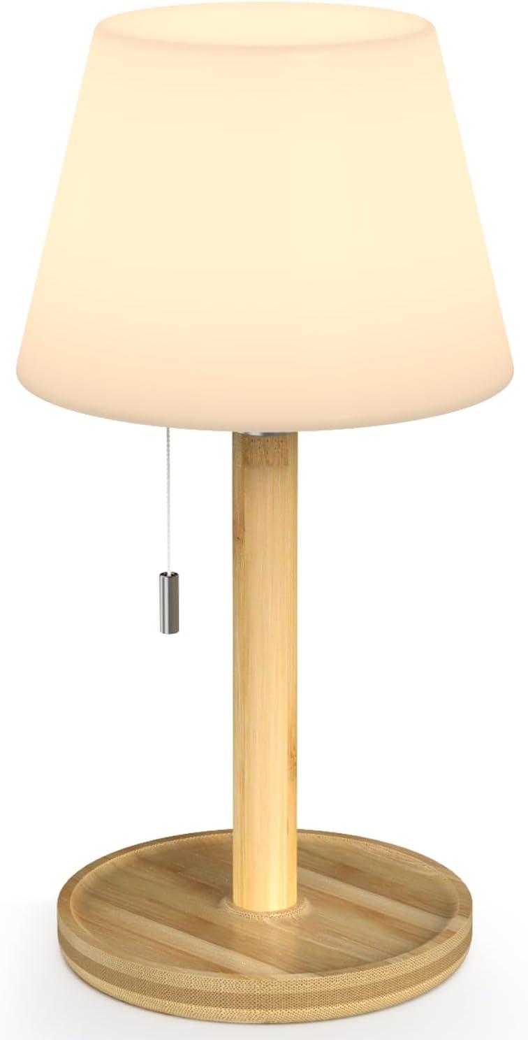 Outdoor Waterproof Table Lamp for Patio, Small Cordless Battery-Operated Lamp, Rechargeable Shower Light, 3 Lighting Modes Desk Light with Pull Chain Garden Outside Camping Restaurant, Wood Grain