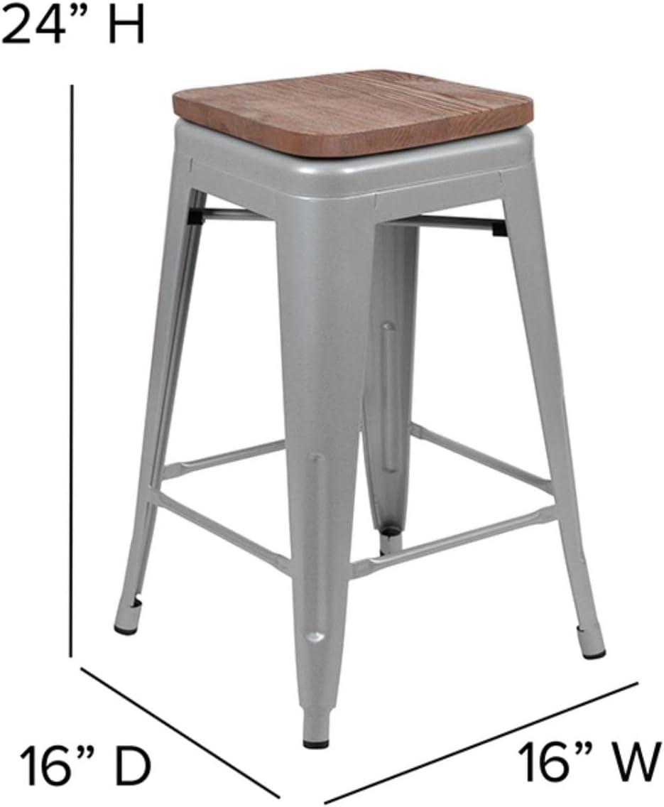 Flash Furniture 24" High Metal Counter-Height, Indoor Bar Stool with Wood Seat in Silver - Stackable Set of 4