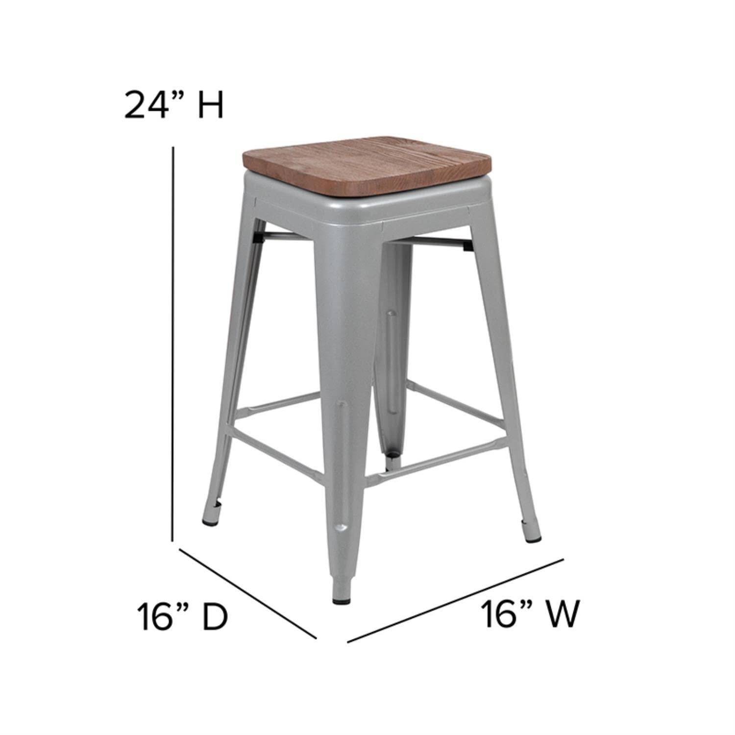 Flash Furniture 24" High Metal Counter-Height, Indoor Bar Stool with Wood Seat in Silver - Stackable Set of 4