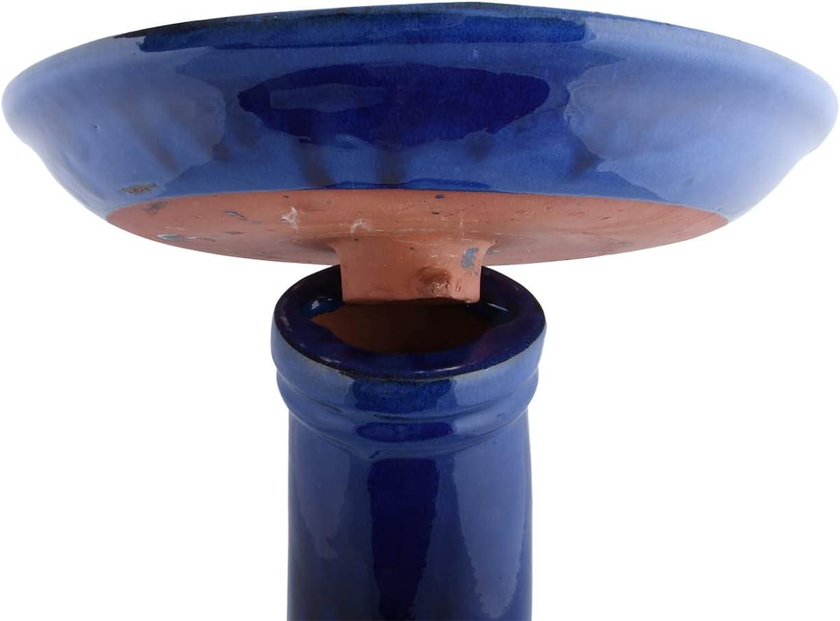 Teal Blue Ceramic Pedestal Birdbath with Bird Figurine