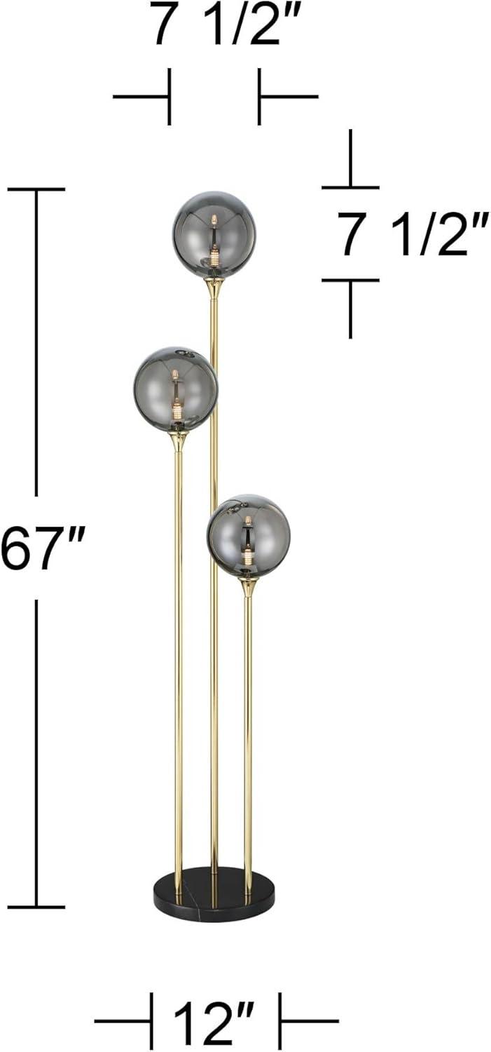 Possini Euro Design Arielle Mid Century Modern 67" Tall Standing Floor Lamp Tree 3-Light LED Foot Switch Gold Metal Brass Bubble Glass Gray Shade