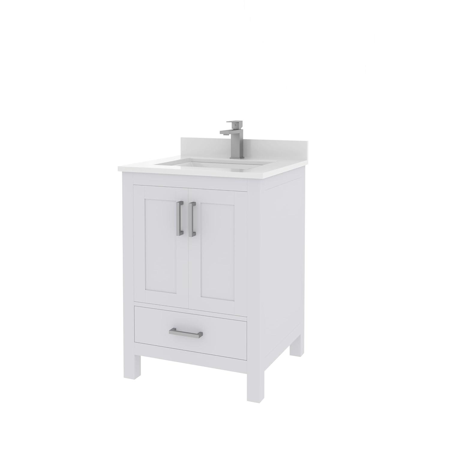 Ayna Decors Rooh 24 in White Bathroom Vanity Set with White Quartz Countertop | Ceramic Sink | 2 Soft Closing Doors | 1 Full Extention Soft Close Drawer | Brushed Nickel Hardware | AVR24WH3002