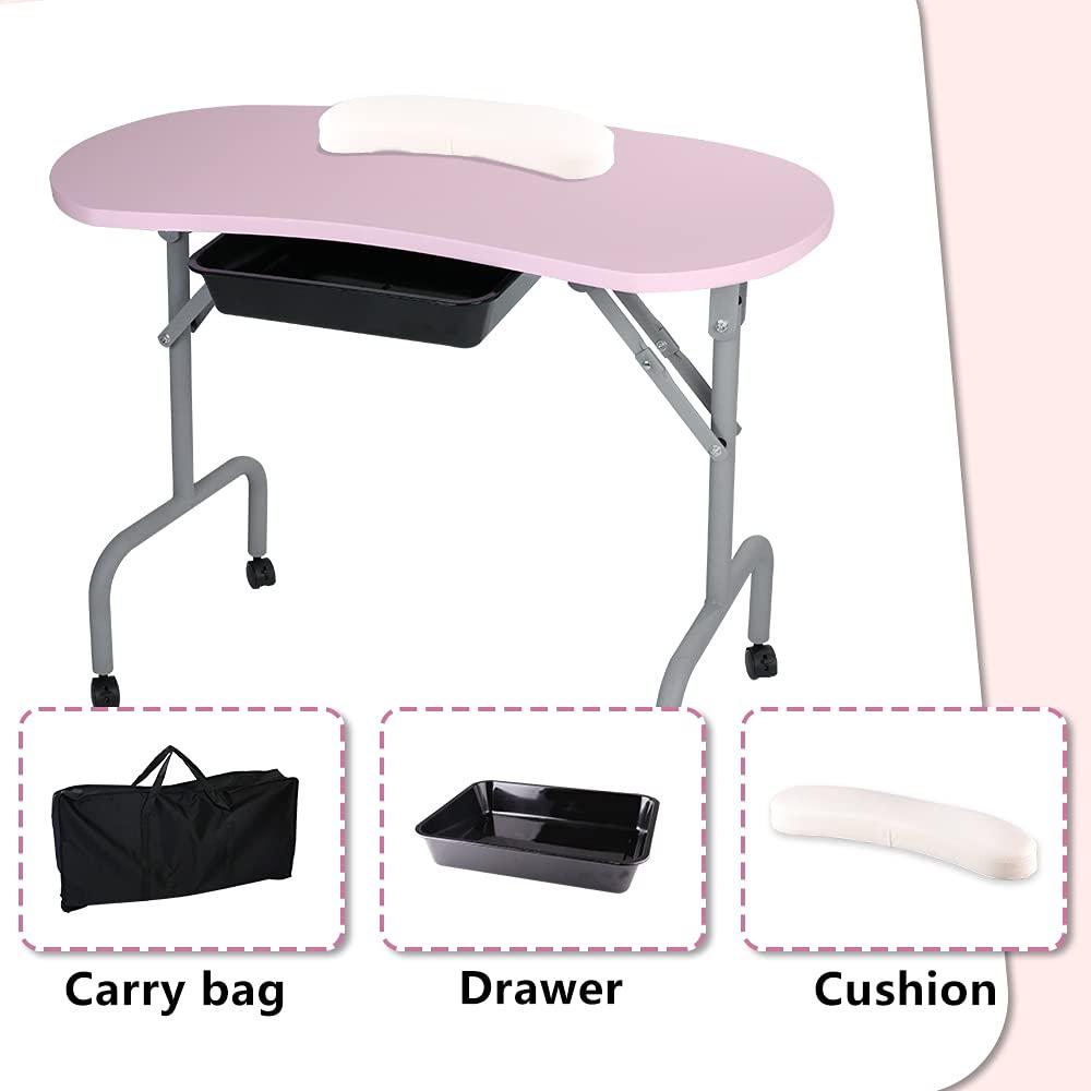 Portable Manicure Table Foldable Nail Desk with Large Drawer Nail Tech Table for Technician Salon Workstation Client Wrist Cushion/Carry Bag/4 Lockable Wheels, 36-inch, Pink