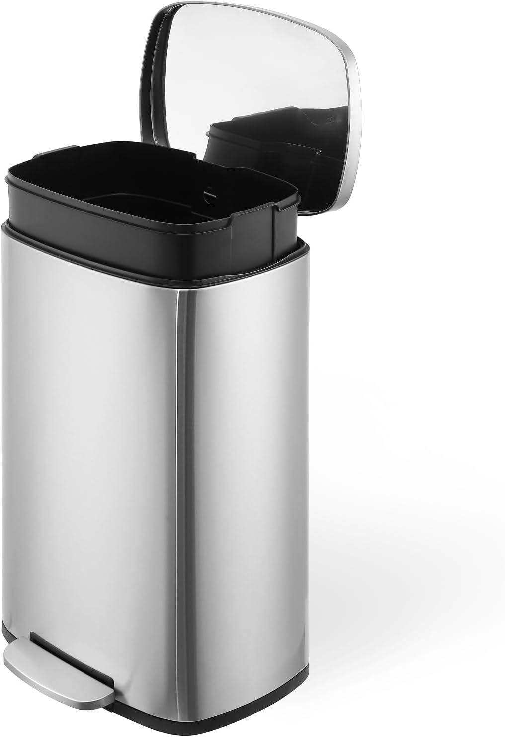 13 Gallon Tall Kitchen Garbage Can, Stainless Steel Trash Bin with Soft-Close Lid, Step Pedal, Oval Shape, Fingerprint-Resistant, Removable Inner Bucket