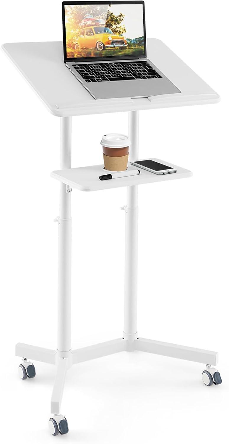 Giantex Mobile Laptop Podium, Height Adjustable Standing Desk with Storage Tray, Tilting Desktop, Home Office Classroom Pulpit Stand Up Desk, Rolling Laptop Cart Lecterns & Podiums for Church, White
