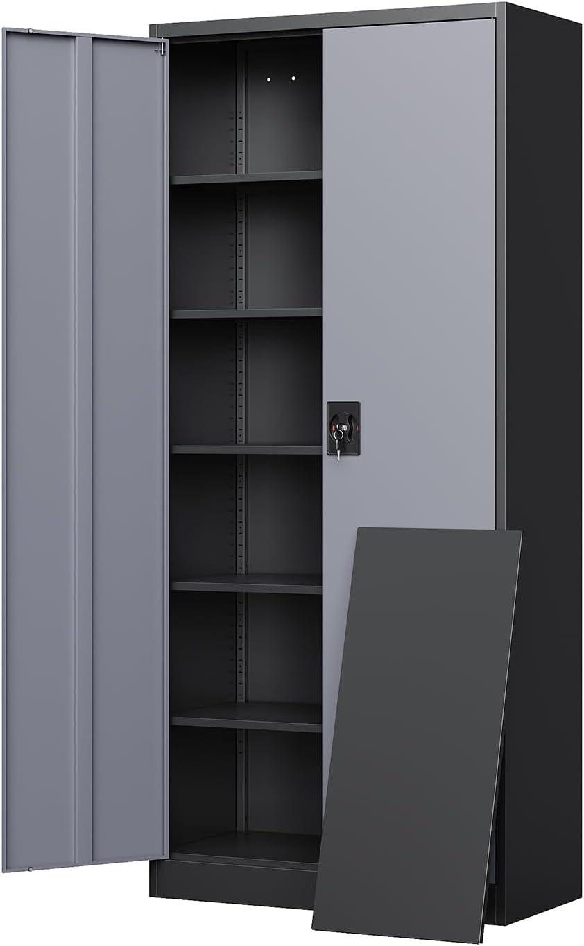 Yizosh Metal Storage Cabinet with Lock - 72" Garage Storage Cabinet with 2 Locking Doors and 5 Adjustable Shelves, Gray Black Steel Lockable File Cabinet for Office,Home,Garage