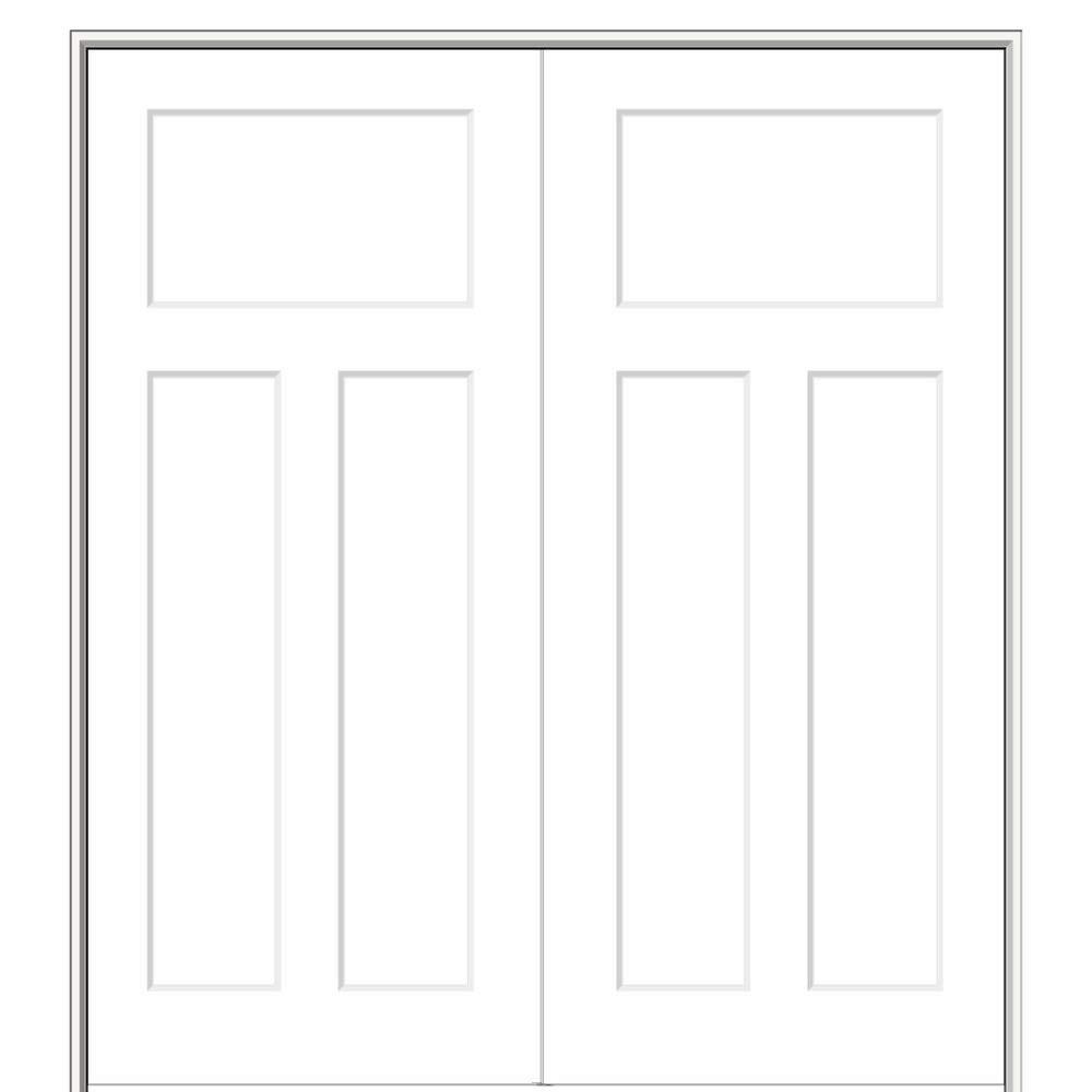 White MDF 3-Panel Prehung Interior Double Door with Satin Nickel Hinges