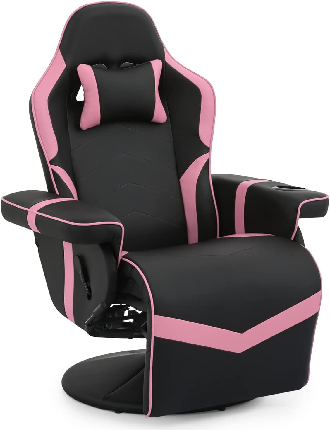 MoNiBloom Racing Style Pu Leather Ergonomic Adjusted Reclining Video Gaming Sofa Chair Seat with Adjustable Backrest and Footrest Cup Holder Pillow, Pink