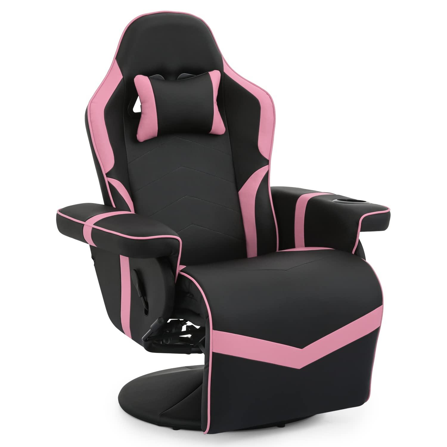 MoNiBloom Racing Style Pu Leather Ergonomic Adjusted Reclining Video Gaming Sofa Chair Seat with Adjustable Backrest and Footrest Cup Holder Pillow, Pink