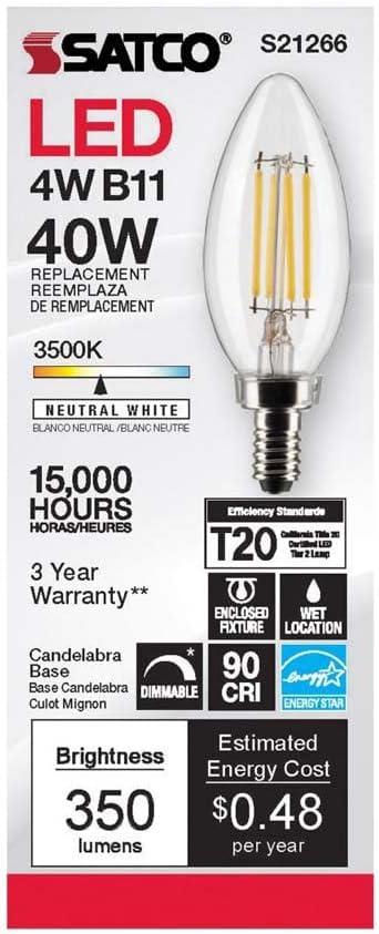 75 Watt Equivalent B11 E12/Candelabra Dimmable 3500K LED Bulb