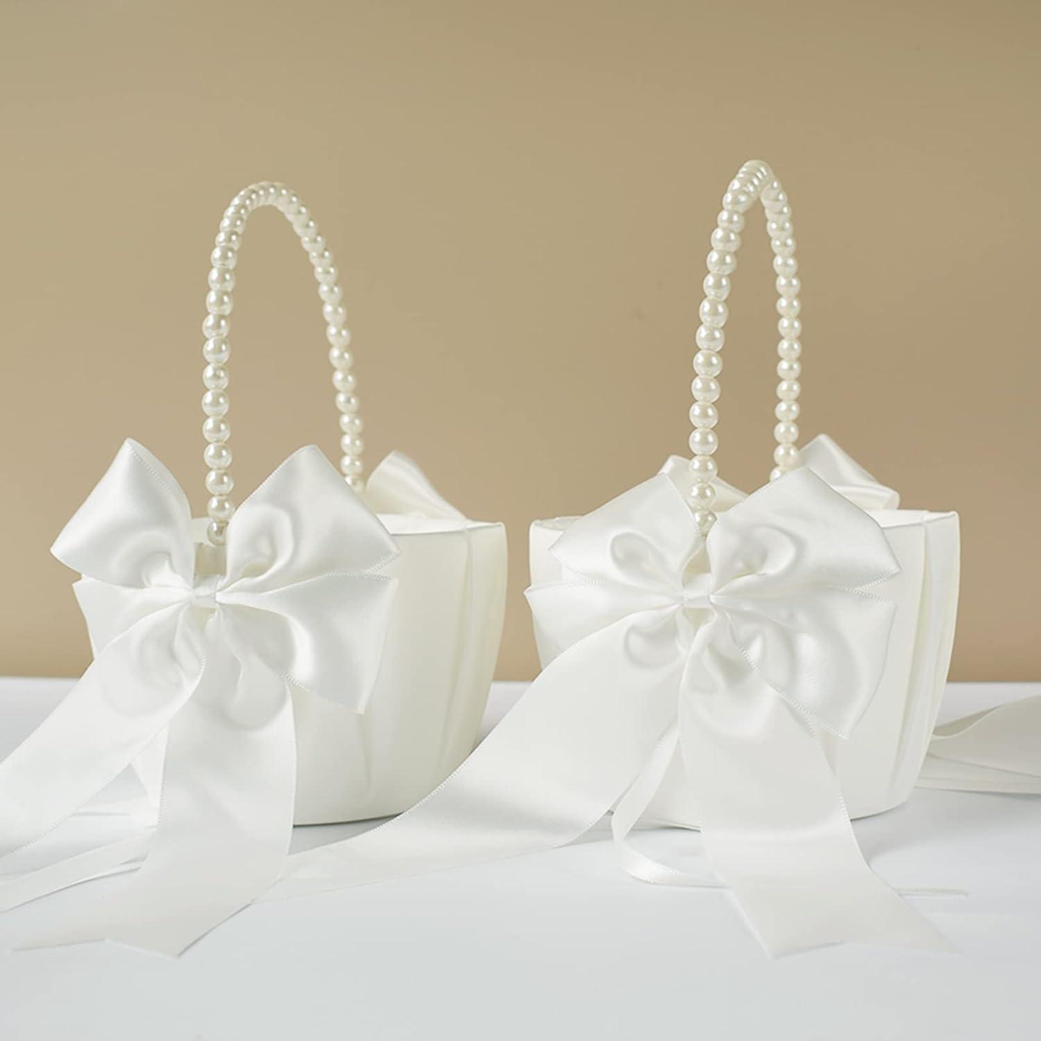 2 PCS Flower Girl Baskets Set- Cute Cherish Wedding Flower Baskets (Ivory)