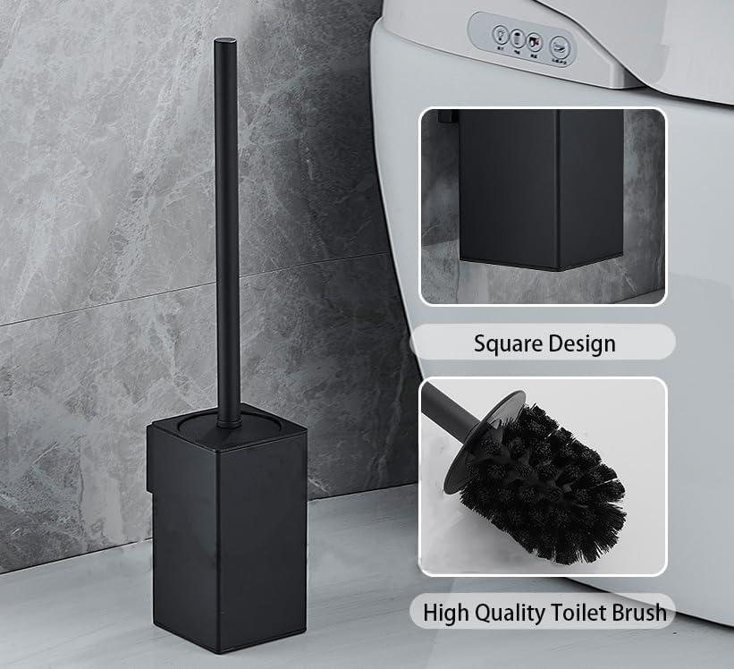 Stainless Steel Toilet Brush & Holder,Wall-Mounted, long handle,Square Toilet Brush Set,Heavy Duty Cleaner for Bathroom, with Removable Plastic Brush (Black)