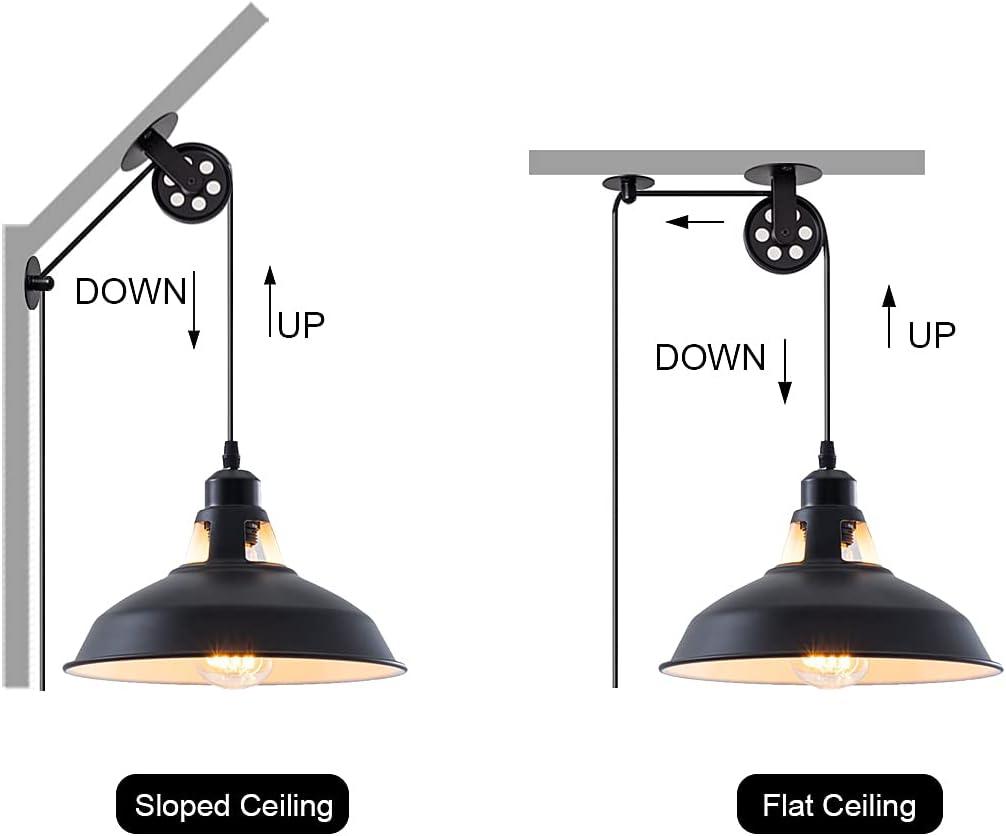 Plug in Pendant Light Industrial Pulley Pendant Lamp E26 Vintage Hanging Light Fixture With 16.4ft Cord On/Off Switch For Pool Table,Houseplant Grow lights,Kitchen Island,Sink 2 Pack Black