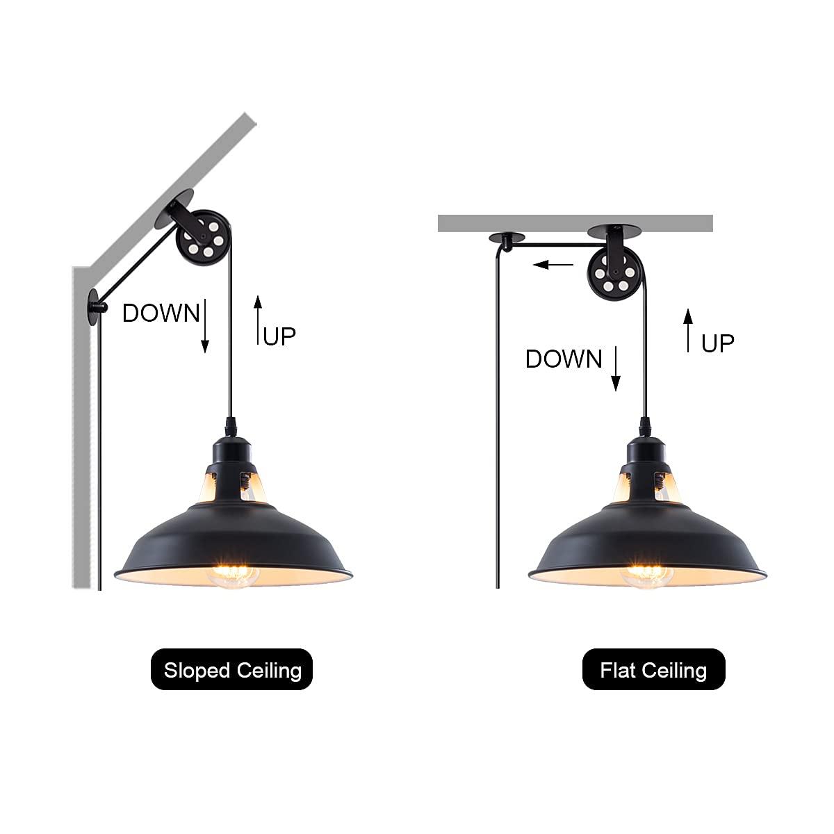 Plug in Pendant Light Industrial Pulley Pendant Lamp E26 Vintage Hanging Light Fixture With 16.4ft Cord On/Off Switch For Pool Table,Houseplant Grow lights,Kitchen Island,Sink 2 Pack Black