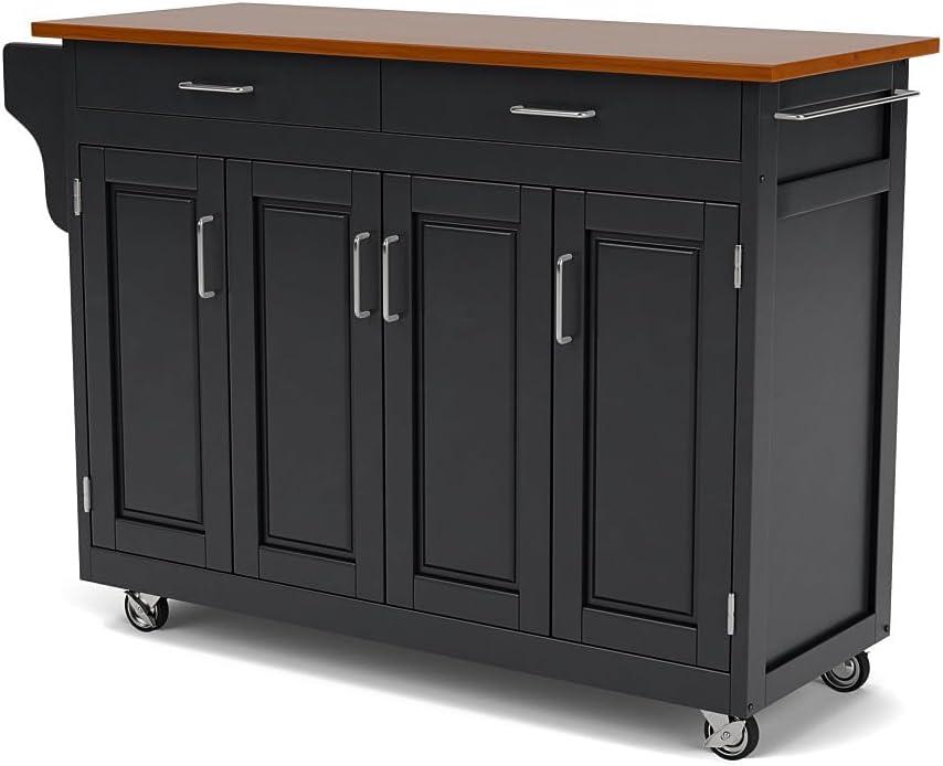 Black Wood Kitchen Cart with Oak Top and Storage