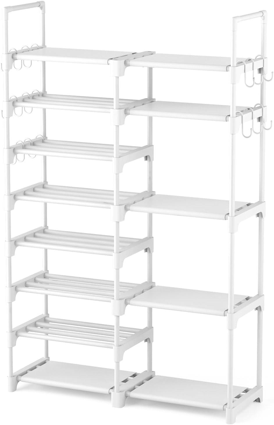 White Stackable 8-Tier Plastic Shoe Rack with Hooks