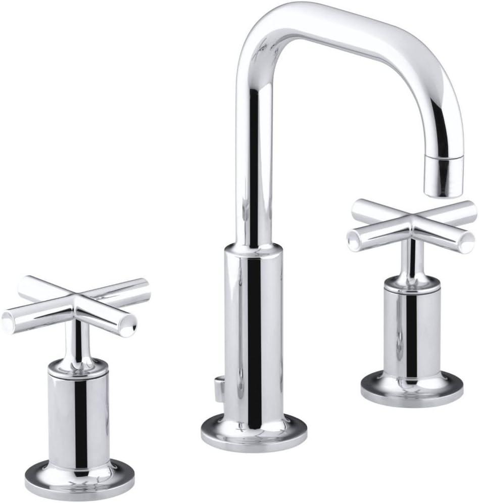 Kohler Purist® Widespread Bathroom Faucet with Pop-Up Drain Assembly, 3-Hole High Arc Cross Handle Bathroom Sink Faucet, 1.2 gpm