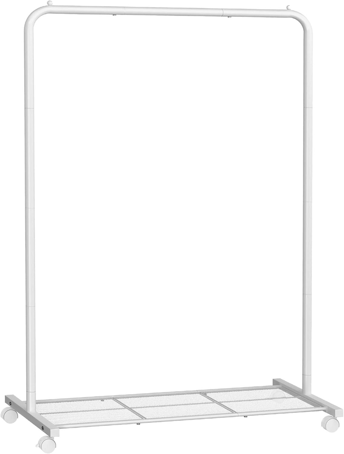 White Metal Freestanding Clothes Rack with Mesh Shelf and Wheels