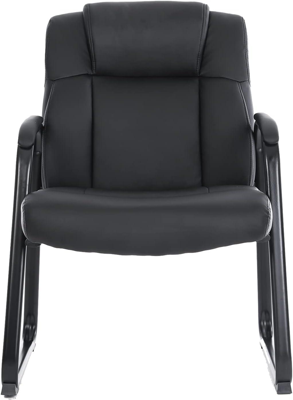 Black Leather Guest Chair with Metal Frame and Padded Armrests