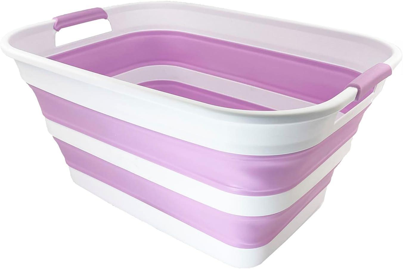 White and Pale Purple Collapsible Plastic Laundry Basket