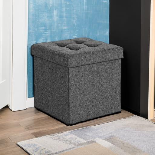 15" Dark Gray Linen Folding Storage Ottoman Bench