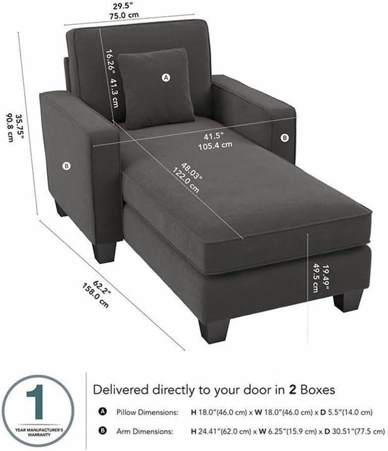 Stockton Chaise Lounge with Arms in Charcoal Gray Herringbone Fabric