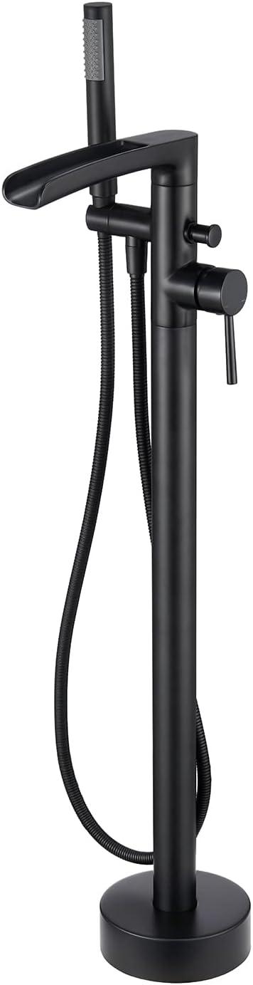 MOGFCT Waterfall Freestanding Bathtub Faucet Set Single Handle Floor Mount Tub Filler with Hand Shower ,Matte Black