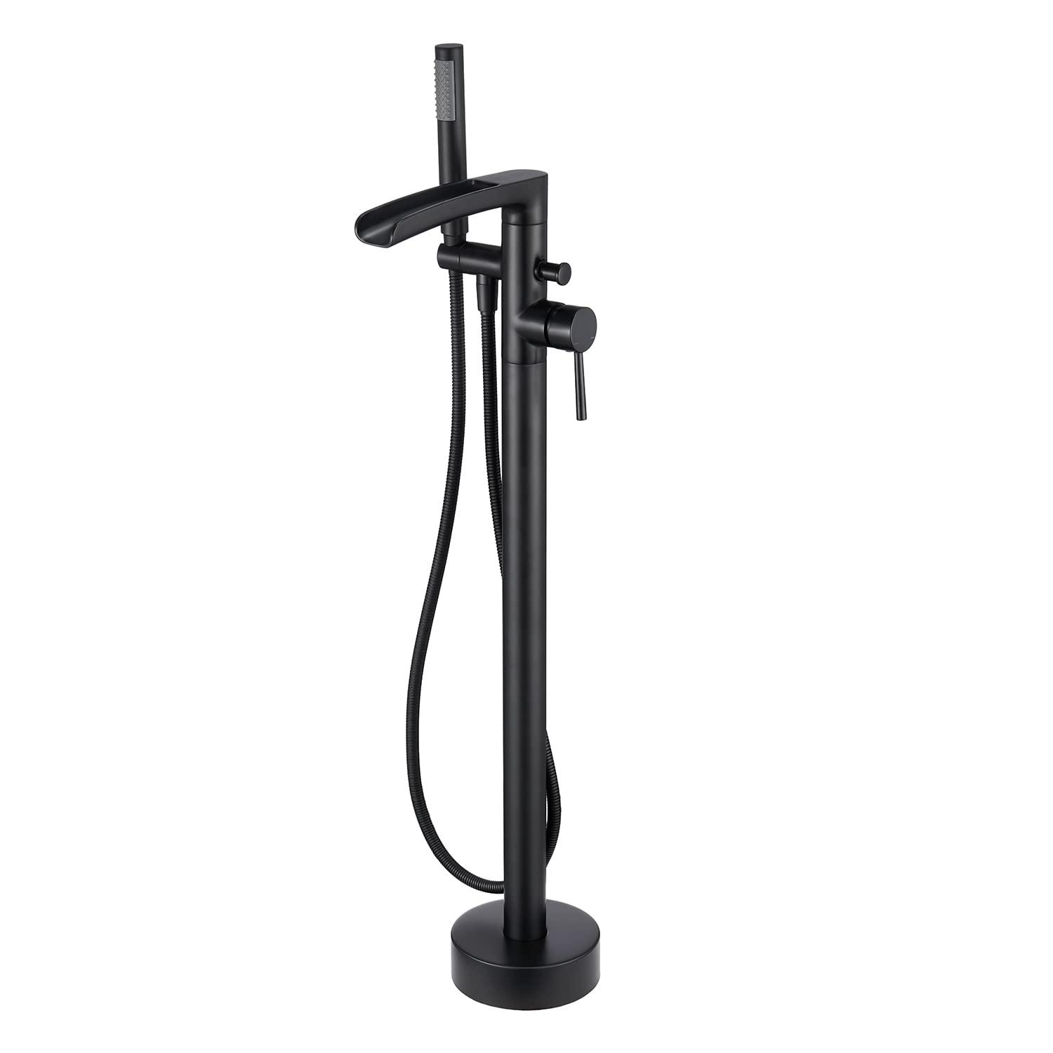 MOGFCT Waterfall Freestanding Bathtub Faucet Set Single Handle Floor Mount Tub Filler with Hand Shower ,Matte Black