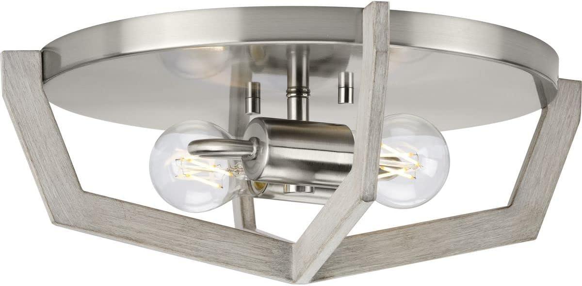 Brushed Nickel and Oak 2-Light Flush Mount Ceiling Light